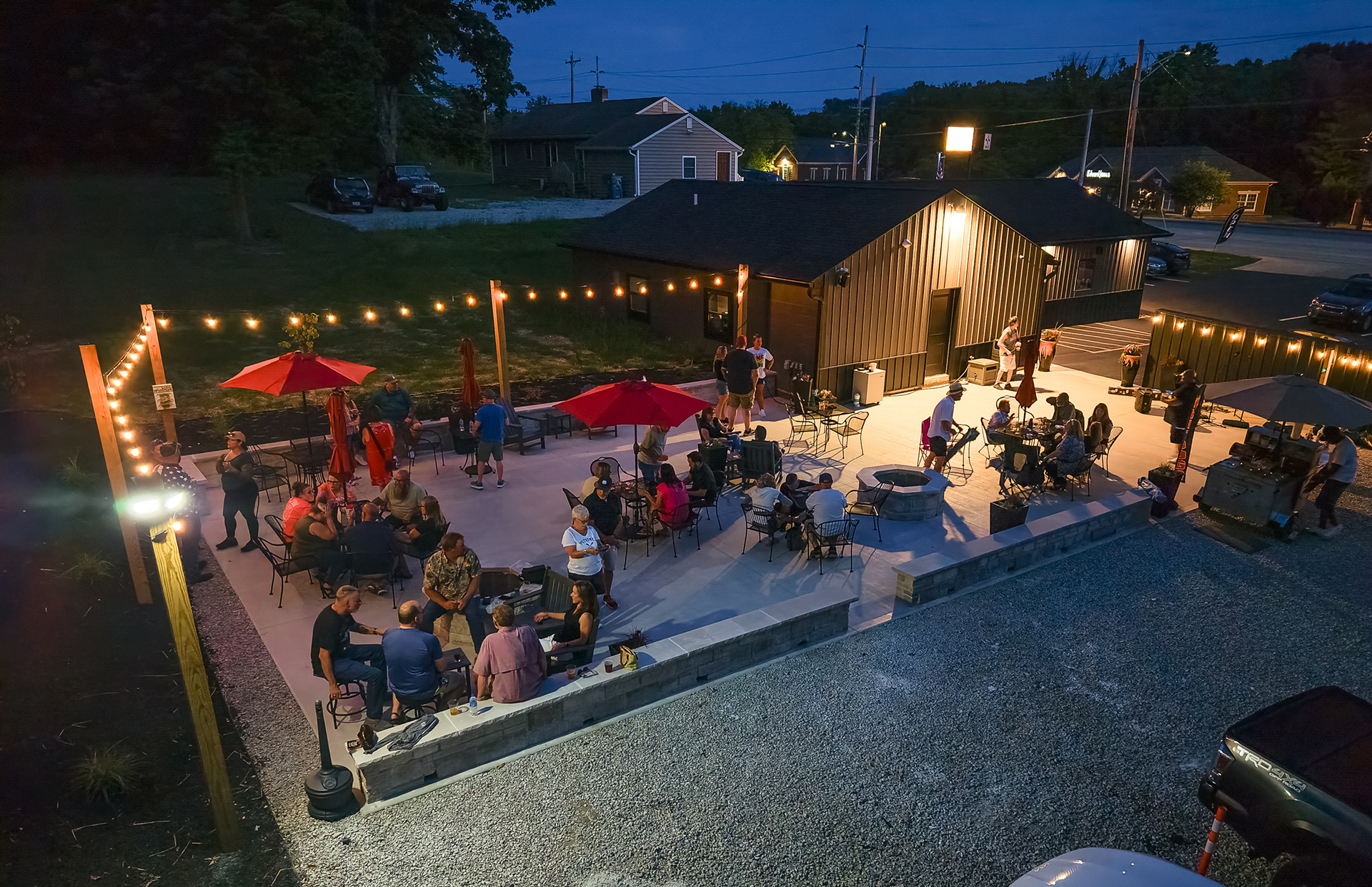 Outdoor patio and gathering area at The Sip in Bloomington Indiana